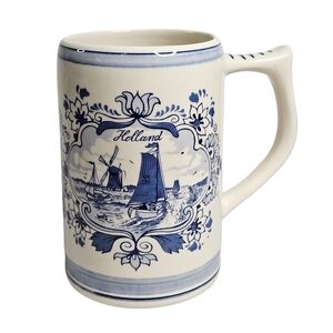 Vtg Delft Blue Hand Painted Holland Stein Ceramic Mug Sailboat Windmill Floral